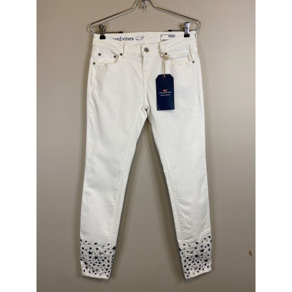 NWT VINEYARD VINES White Denim Ankle Jeans Embroidered Stars Stretch